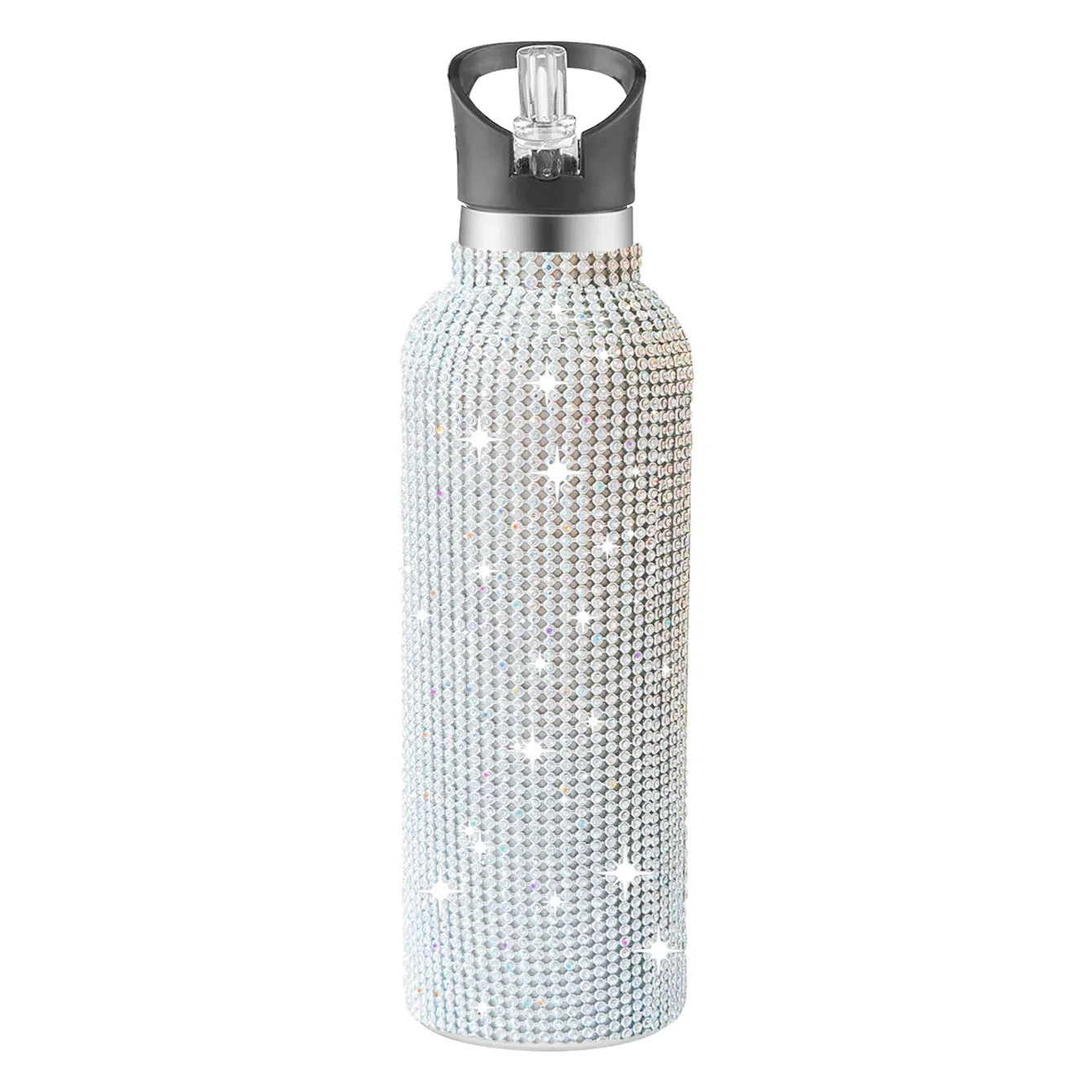 Silver blinged-out water bottle with a black cap on a white background
