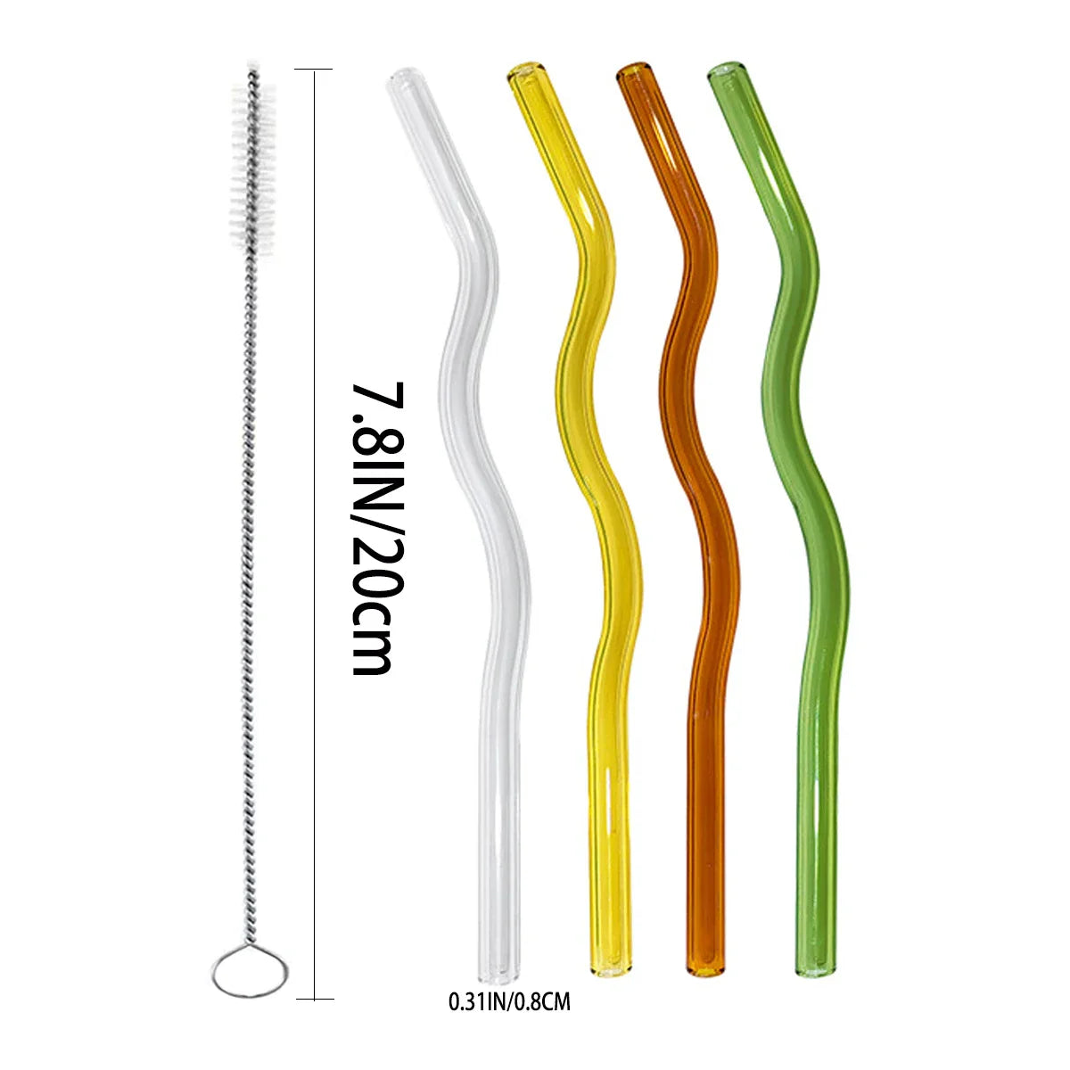 4Pcs Wavy Glass Straws Shatter-Resistant with cleaning brush and size dimensions, perfect for eco-friendly kitchen and dining use.