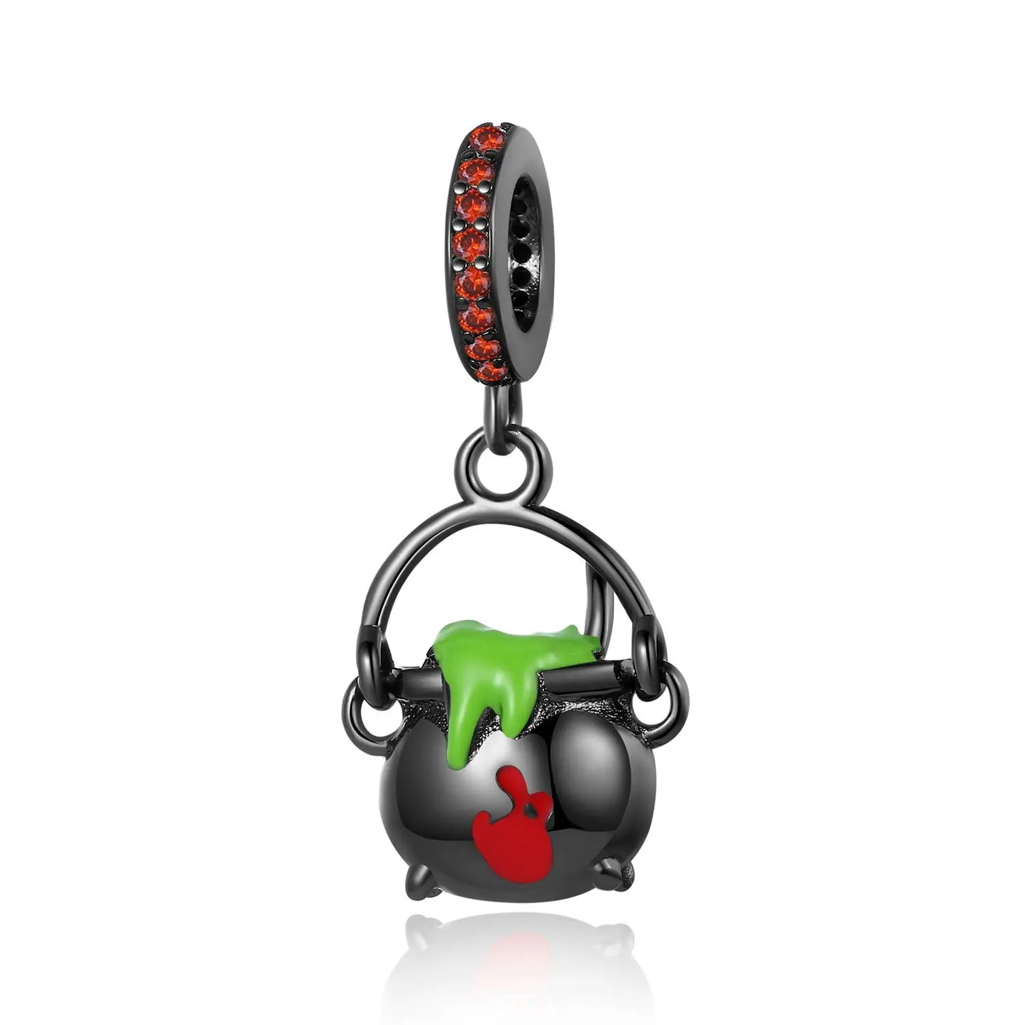 Black cauldron charm with green and red accents on a white pandora style charm pendant witches cauldron background potion brew