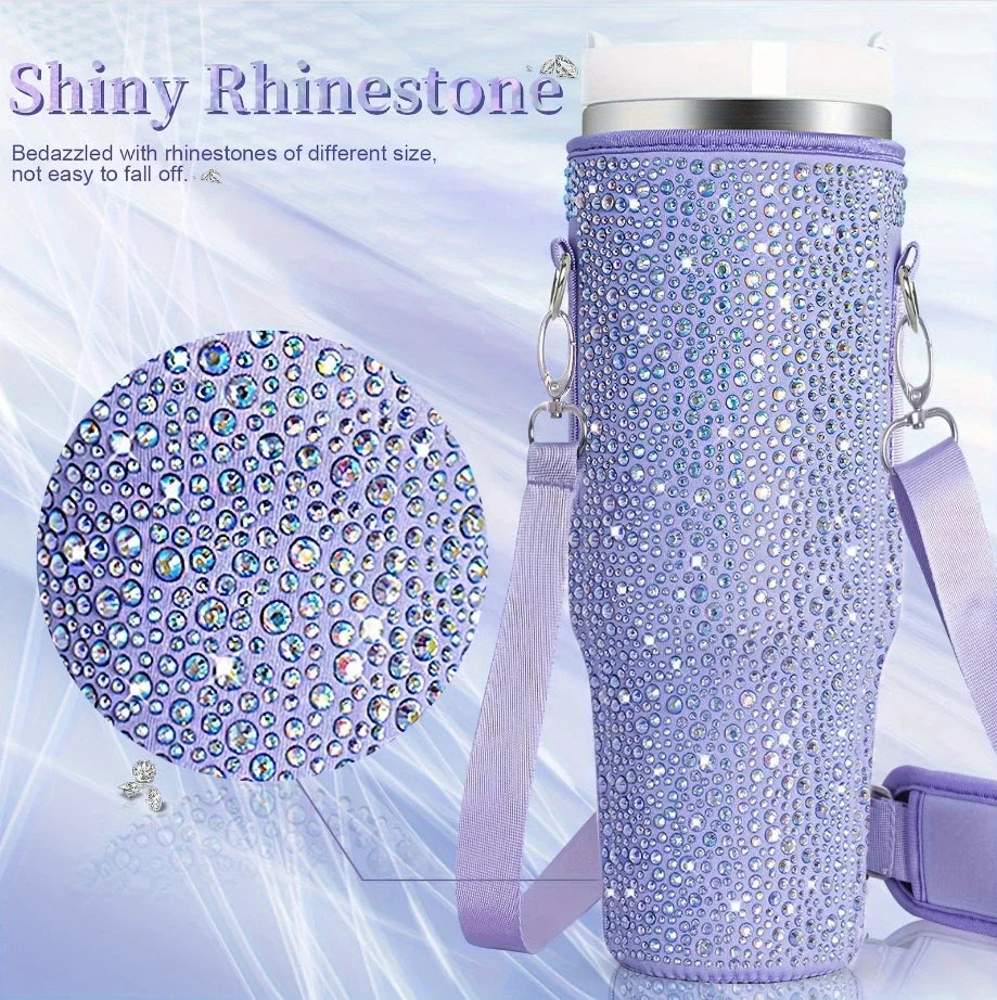 Shiny rhinestone water bottle holder with a close-up of rhinestones on a light blue background.