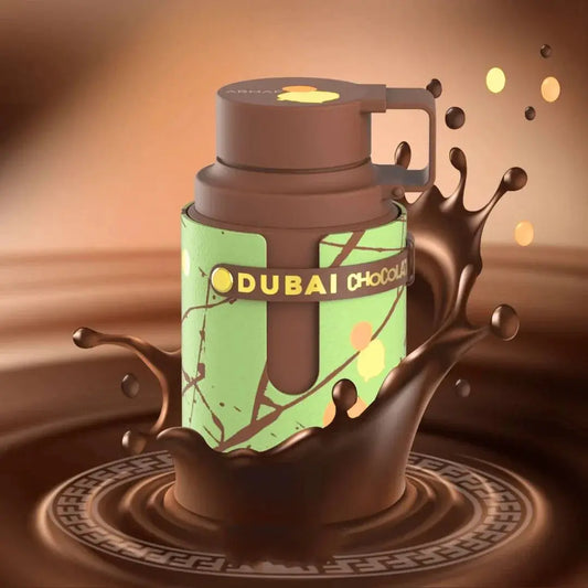 Chocolate-themed product with 'Dubai Chocolat' branding on a brown background