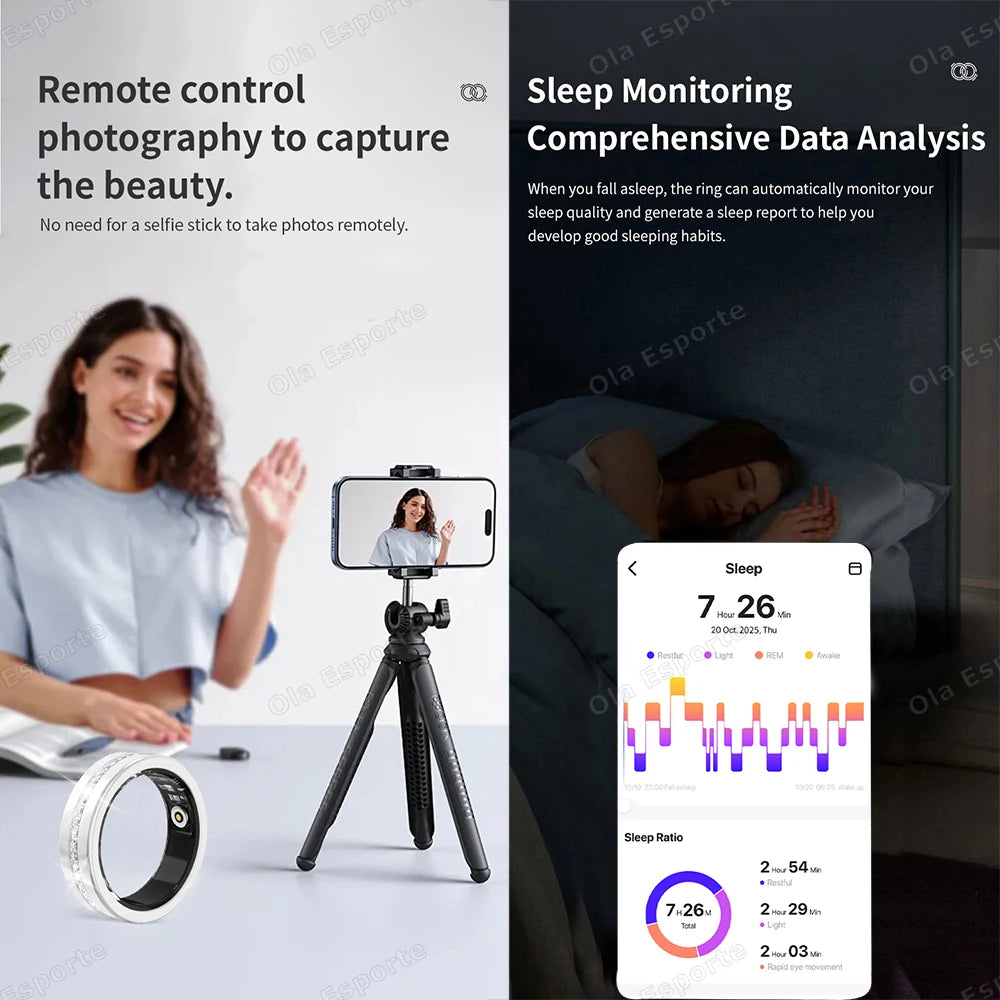 Product advertisement with a woman using a smartphone, a tripod, and a sleep monitoring app on a dark background. oura ring
