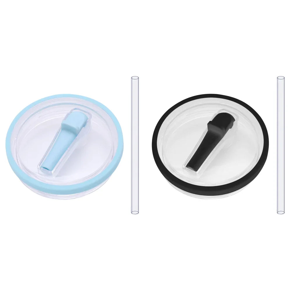 Light blue and black flip straw lids with straws, reusable 40 oz tumbler lid replacements compatible with Stanley Quencher