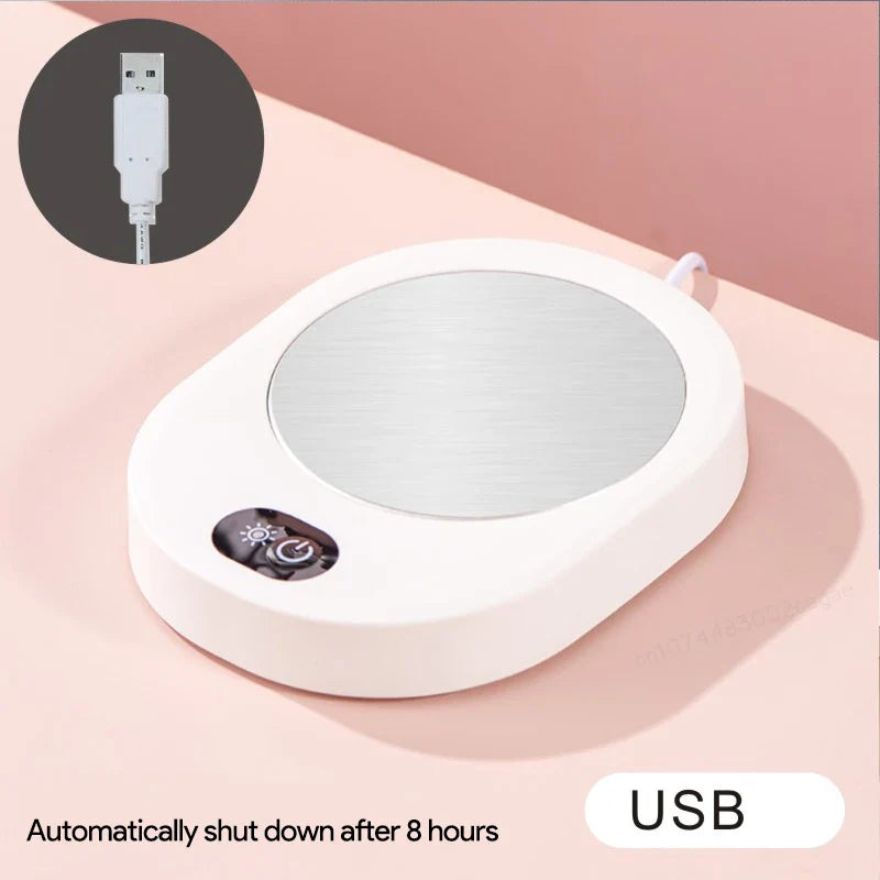 USB-powered thermostatic beverage warmer with auto shut-off feature, compact design for safe and efficient drink warming.