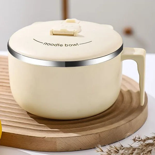 Cream Instant Noodles Ramens Bowl with lid and handle, designed for durability and heat retention in kitchen use.