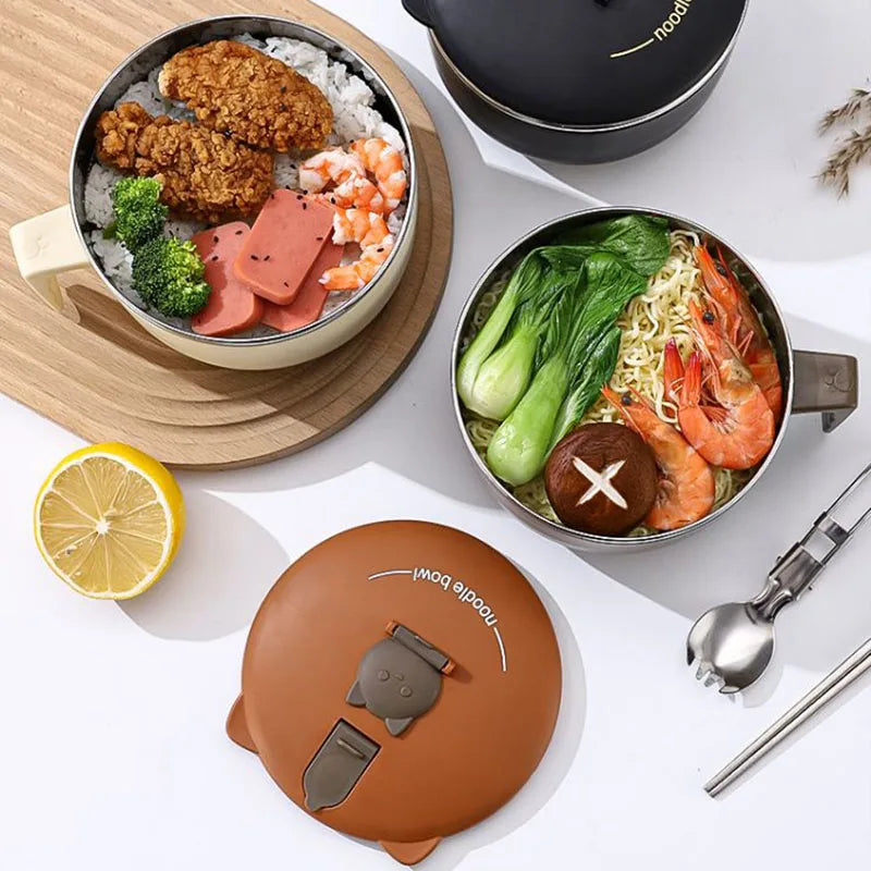 Top view of Instant Noodles Ramens Bowls filled with rice and noodles, showcasing stainless steel interior and secure lids.