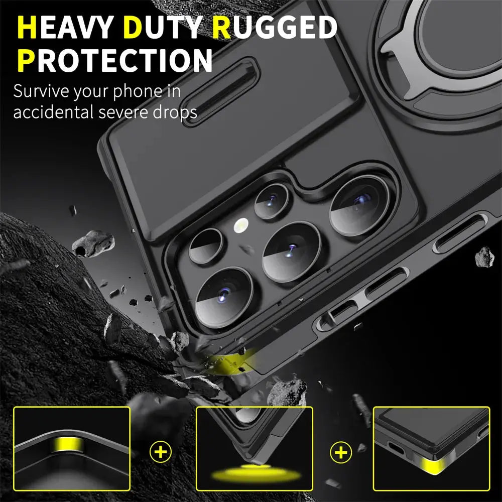 Phone case with rugged protection features on a dark background