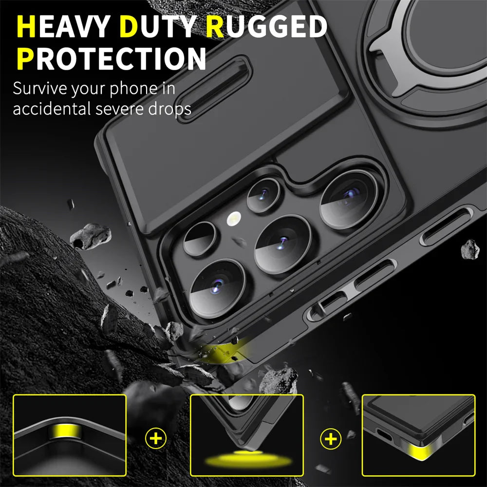 Phone case with rugged protection features on a dark background