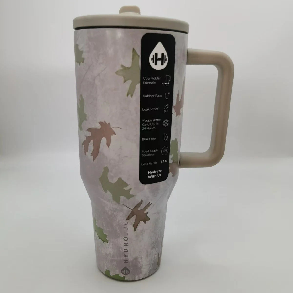 Camouflage print HydroJug Gobelet 40OZ Voyageur Thermos with beige handle, featuring leakproof and BPA-free design.