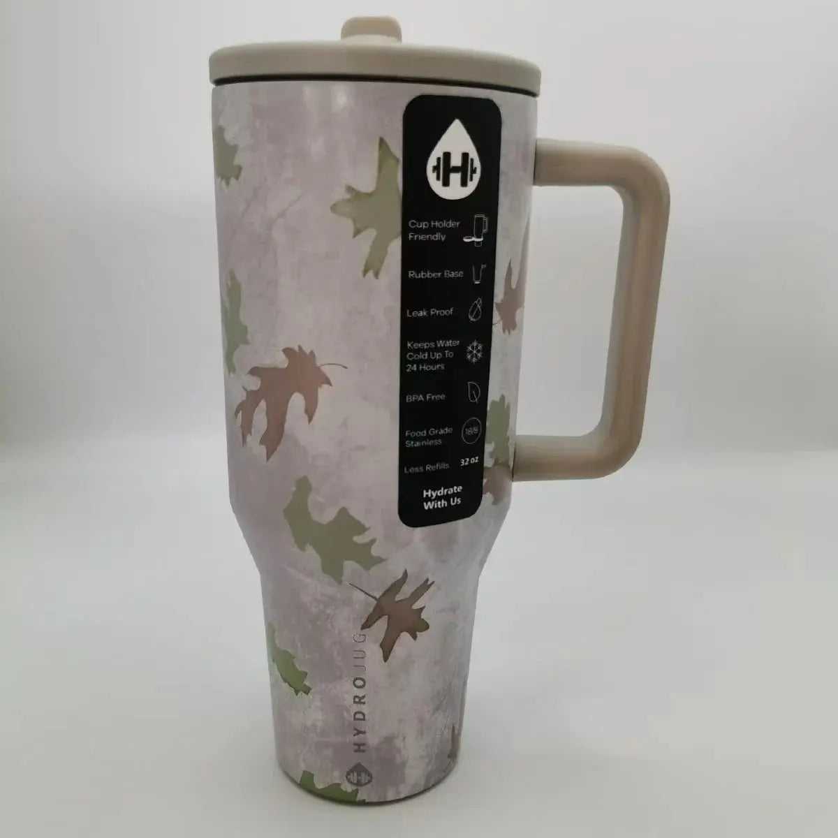 Camouflage print HydroJug Gobelet 40OZ Voyageur Thermos with beige handle, featuring leakproof and BPA-free design.