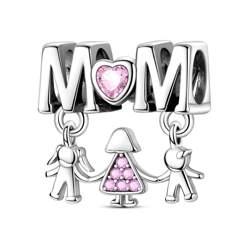 Silver charm with 'MOM' and heart details on a white background