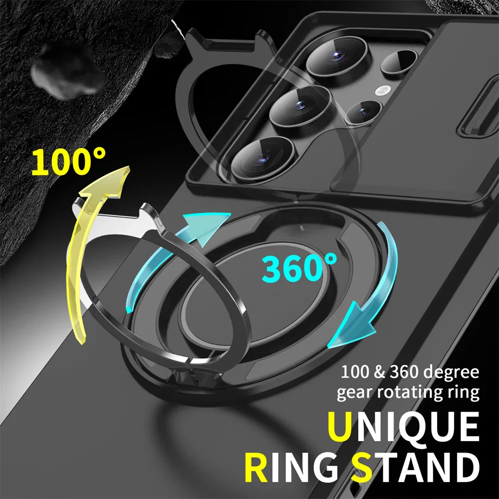 360-degree ring stand with smartphone on a dark background