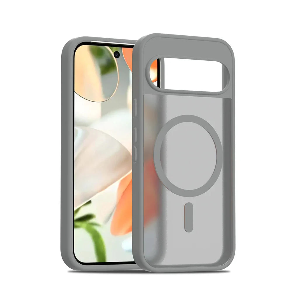 Gray phone case with a magnetic ring holder on a white background