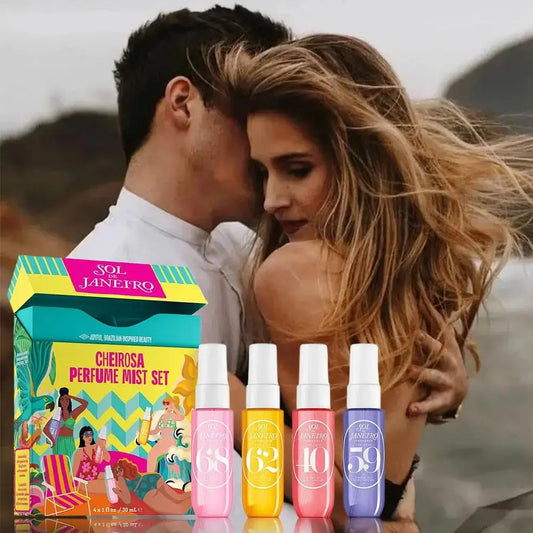 Sol Janeteiro Perfume mist set with colorful packaging and bottles against a blurred background of a couple embracing.