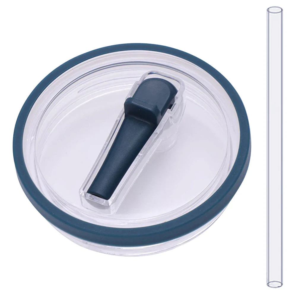 Dark blue flip straw lid with clear straw, reusable and spill proof 40 oz tumbler replacement compatible with Stanley Quencher