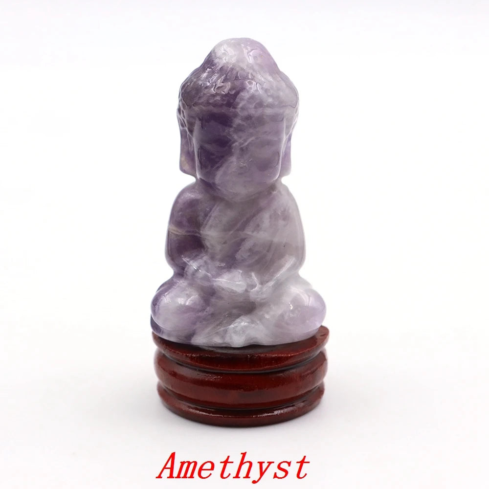 Amethyst crystal statue on a wooden stand with 'Amethyst' text