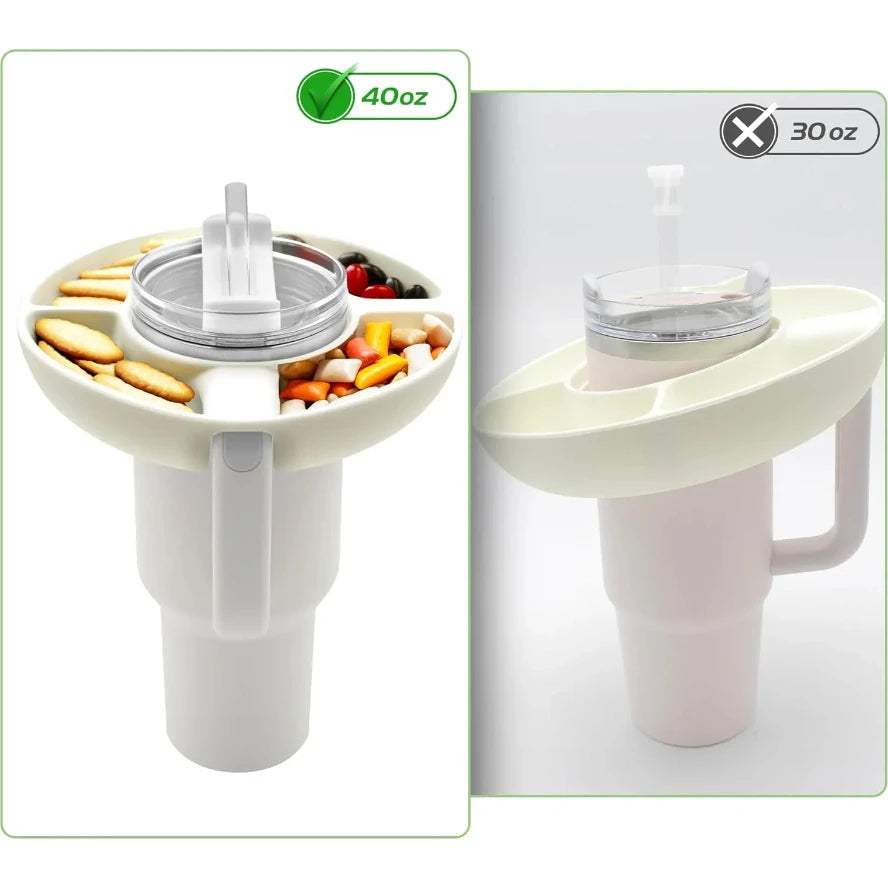 Stanley cup tray White pill organizer with compartments filled with pills, next to a white mug.