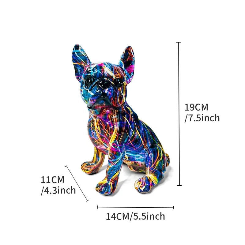 Colorful dog figurine with measurements on a white frenchie french bulldogbackground