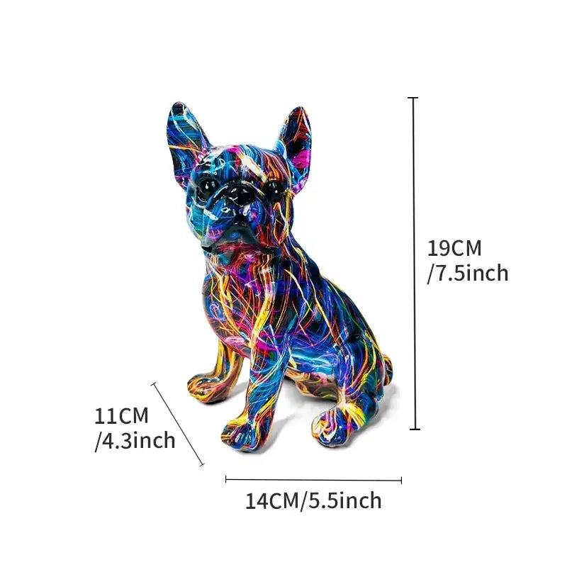 Colorful dog figurine with measurements on a white frenchie french bulldogbackground