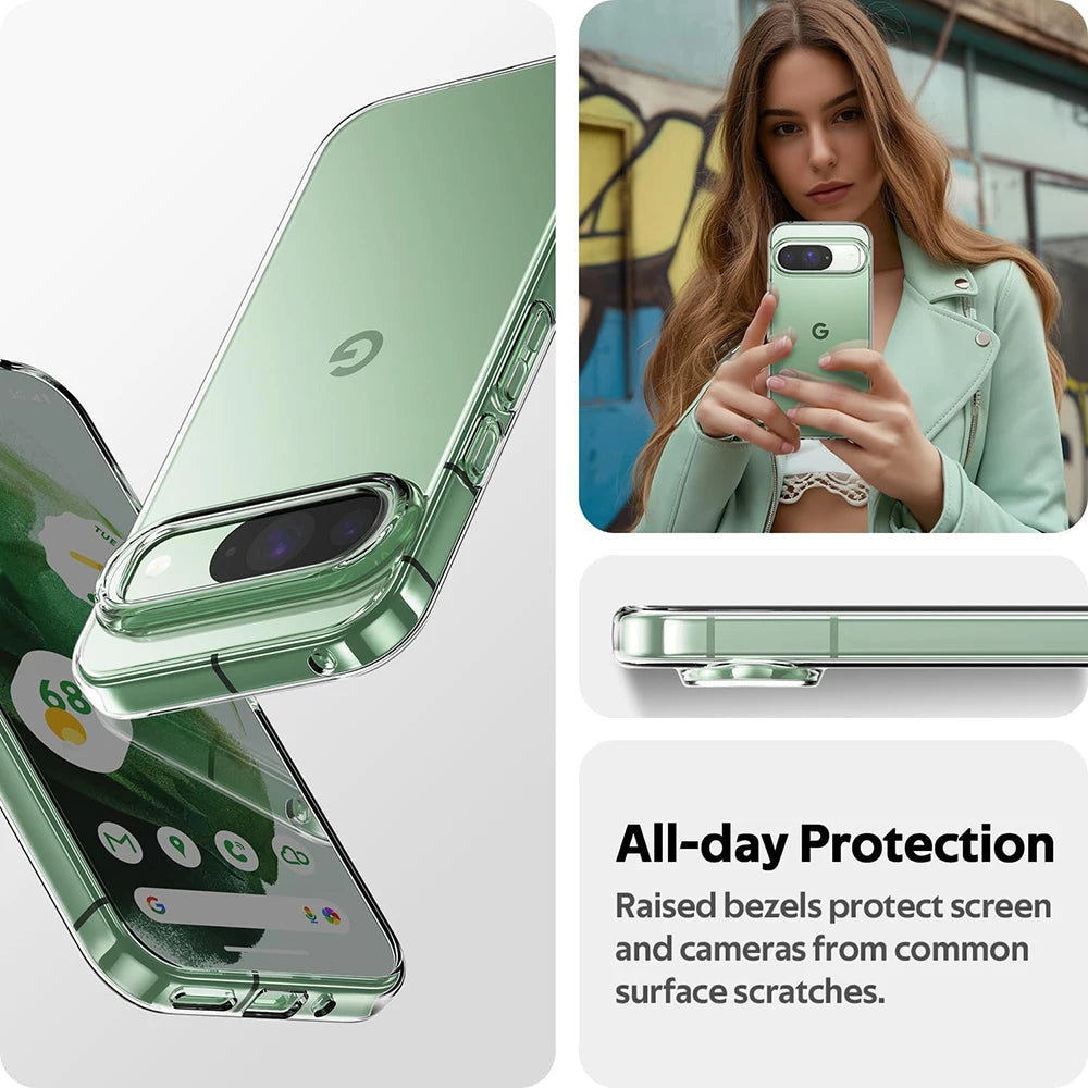 Green smartphone with protective case, showing screen and camera angles, and a person using the phone.