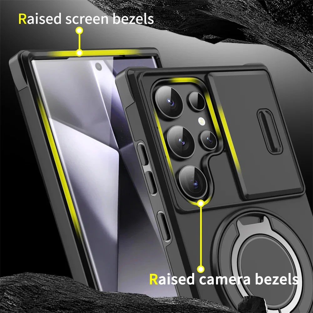 Phone case with raised screen and camera bezels highlighted on a dark background