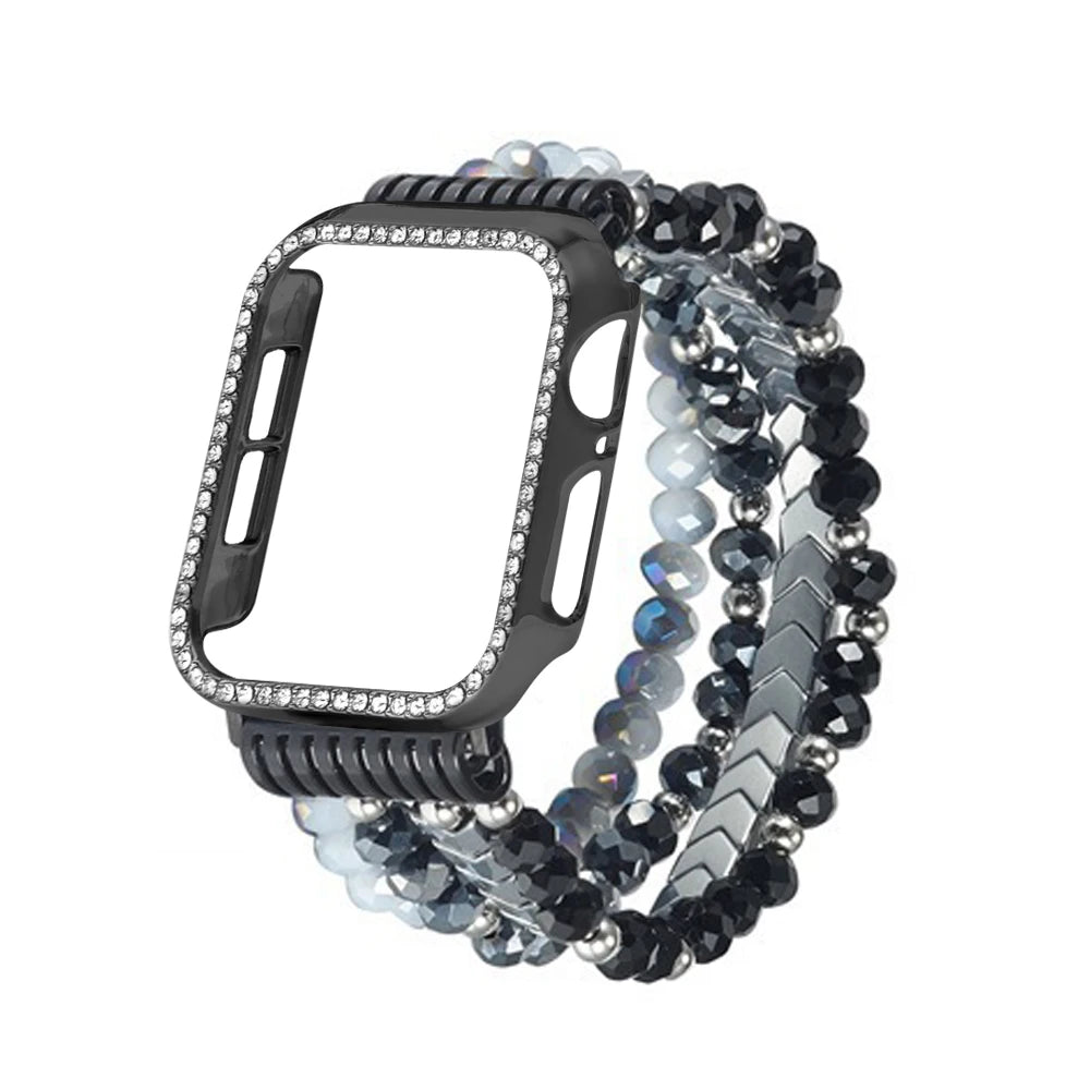 Smartwatch case with beaded band on a white background