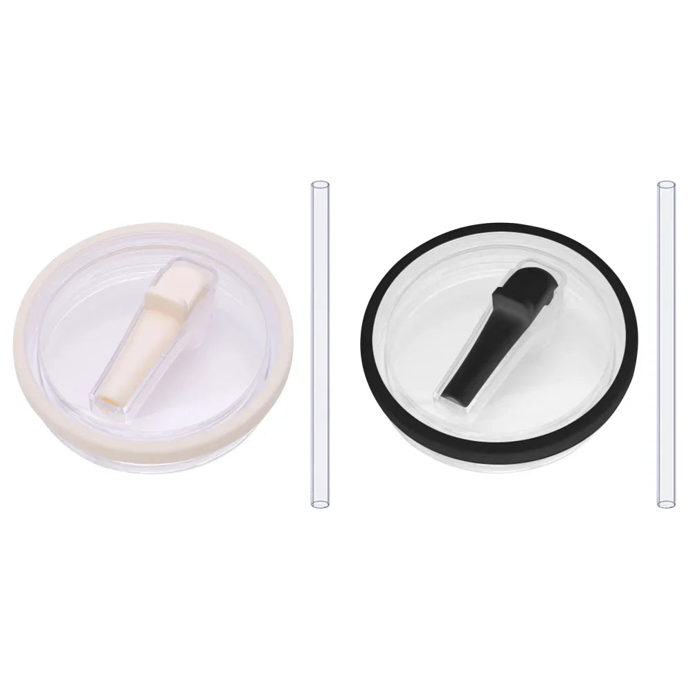 Beige and black flip straw lids with straws, reusable 40 oz tumbler lid replacements compatible with Stanley Quencher