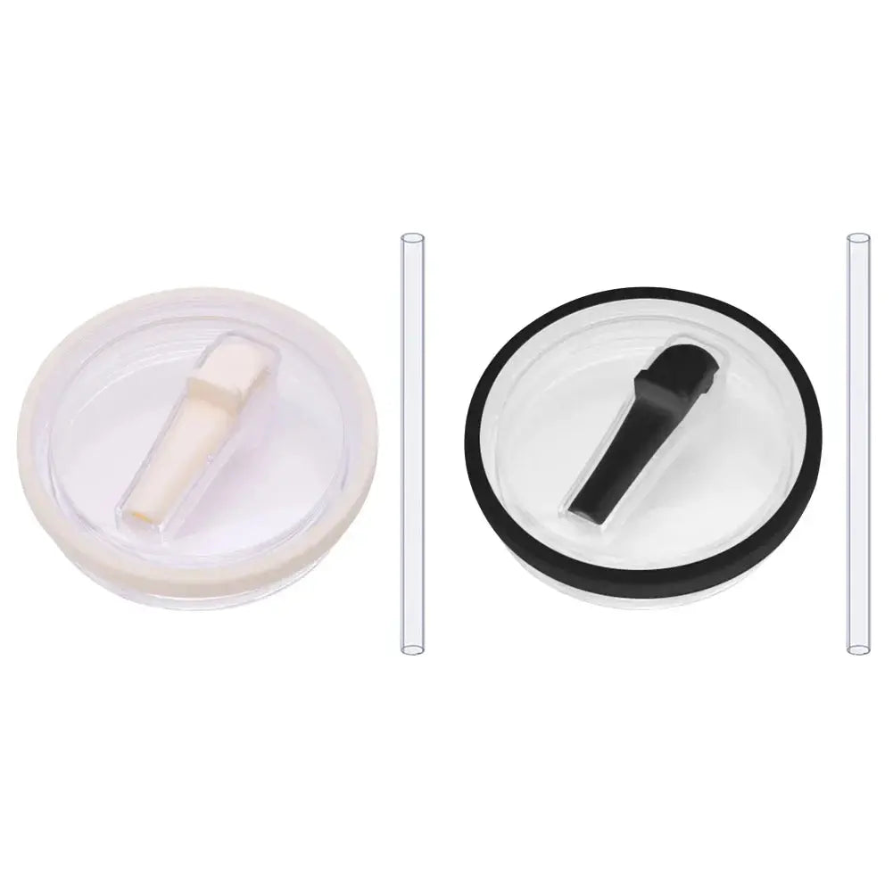 Beige and black flip straw lids with straws, reusable 40 oz tumbler lid replacements compatible with Stanley Quencher