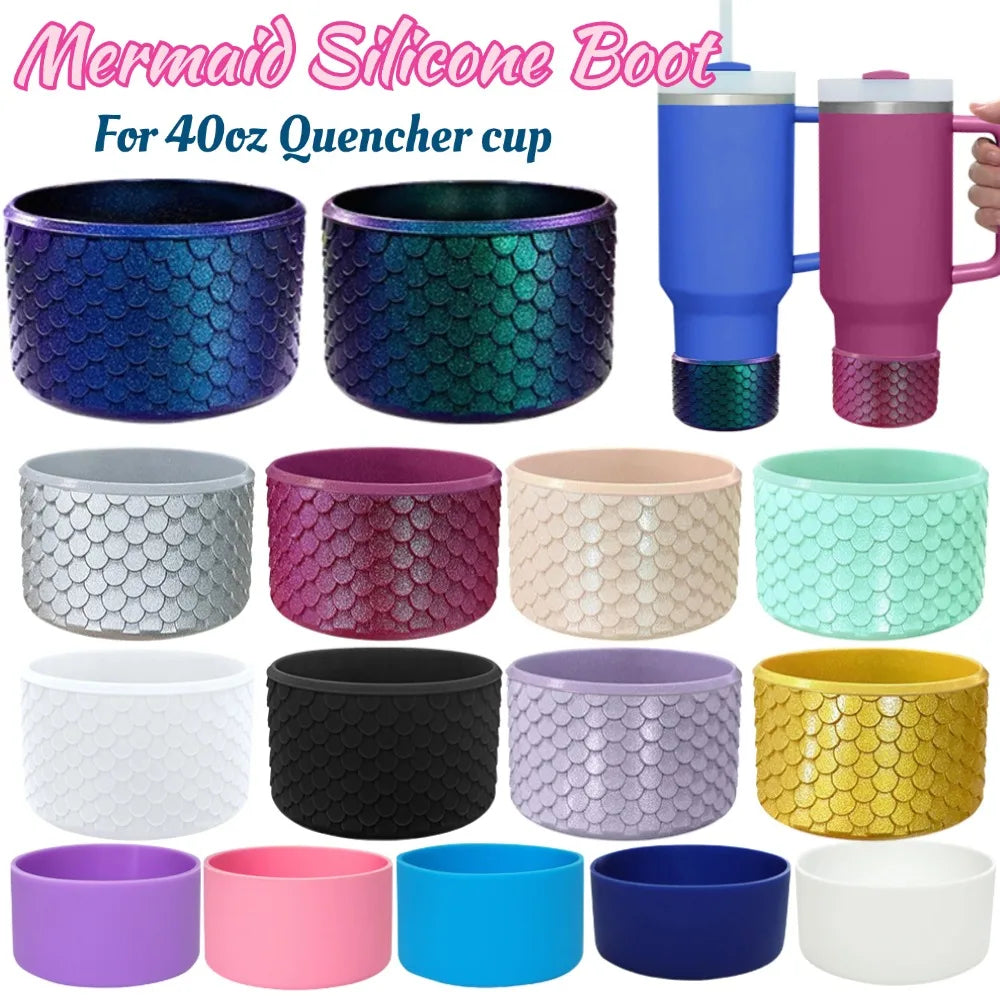 Stanley Mermaid silicone boot for 40oz Quencher cups in various colors on a white background.