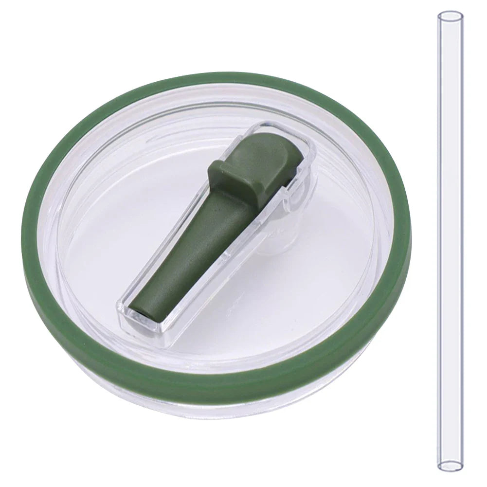 Dark green flip straw lid with clear straw, reusable and spill proof 40 oz tumbler lid replacement for Stanley Quencher