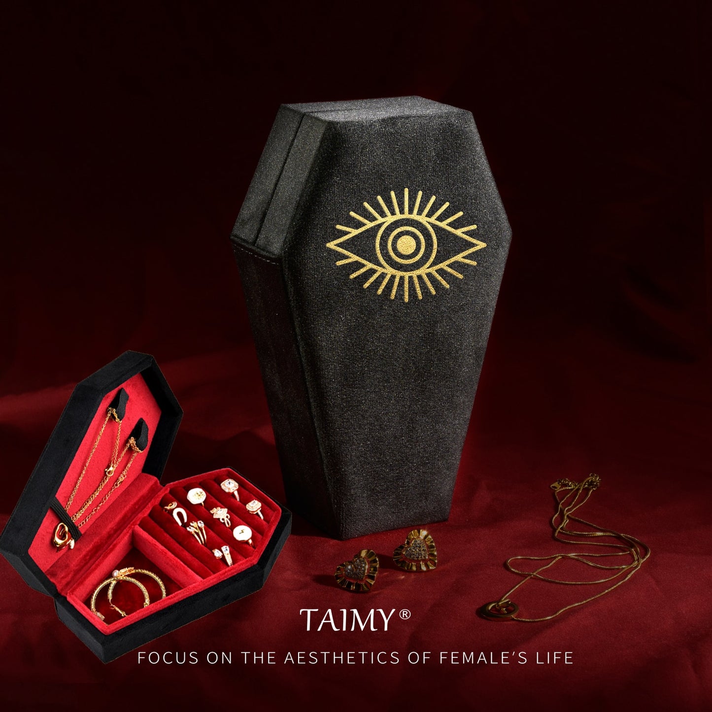 Gothic Velvet Coffin Jewelry Box evil eye gold
