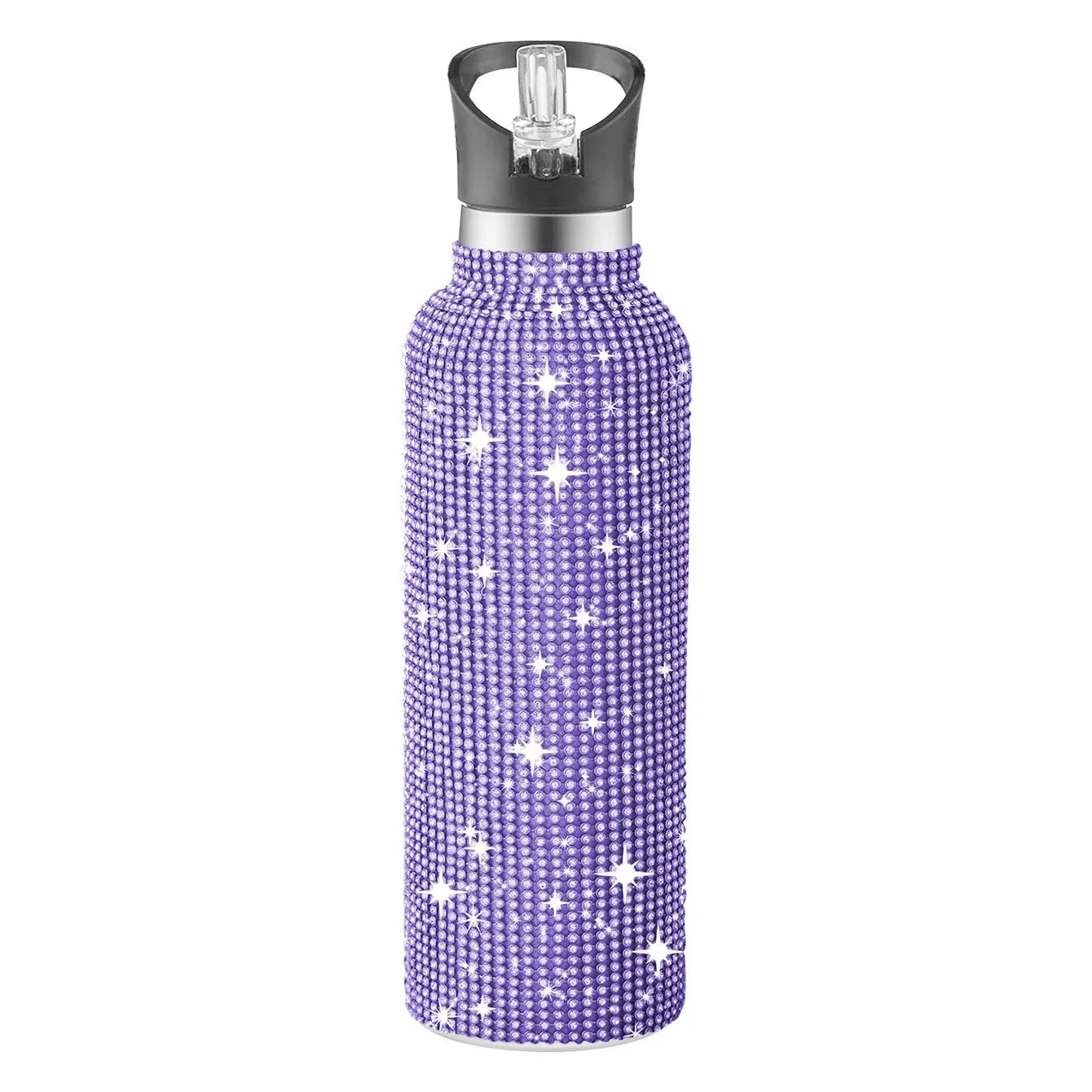 Purple water bottle with star pattern on a white background