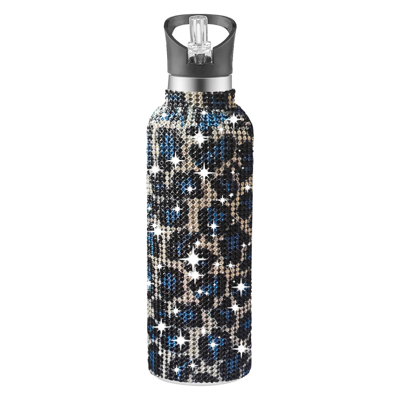 Decorative water bottle with a patterned cover on a white background