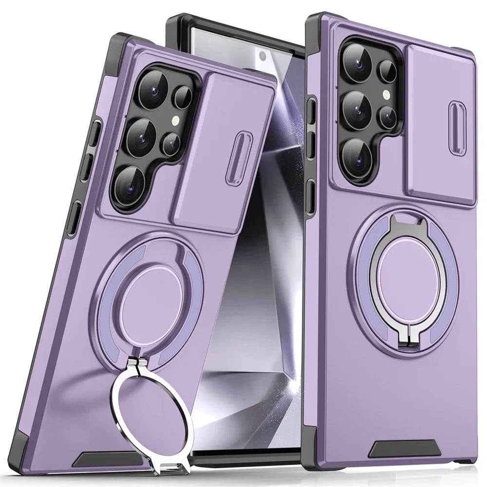 Purple phone case with ring holder on a white background