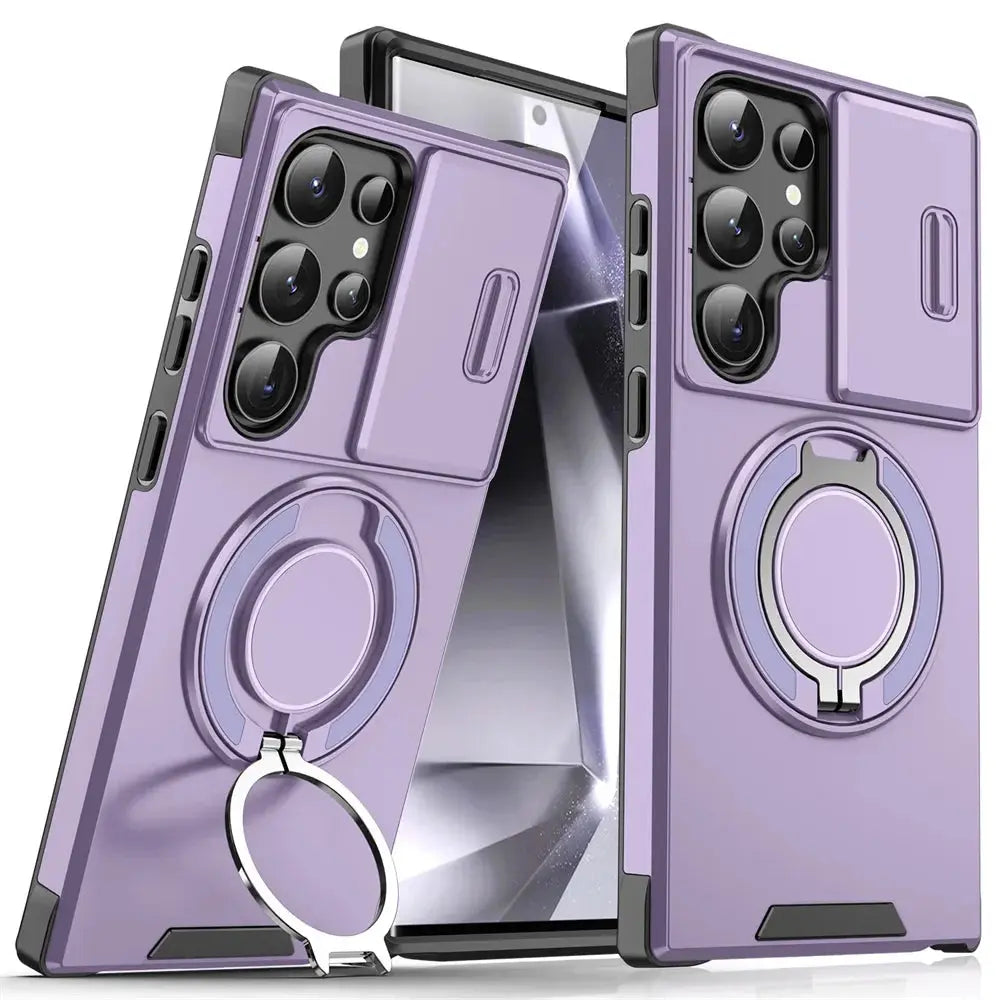 Purple phone case with ring holder on a white background