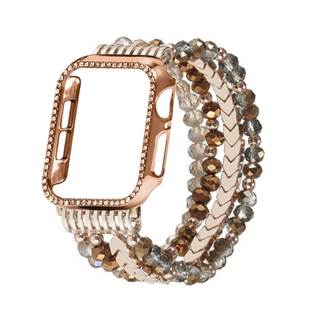 Rose gold watch case with beaded bracelet on a white background
