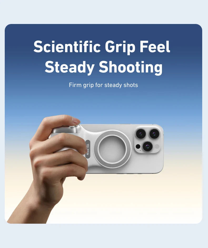 Hand holding a smartphone with a grip增强器, featuring text 'Scientific Grip Feel Steady Shooting'.