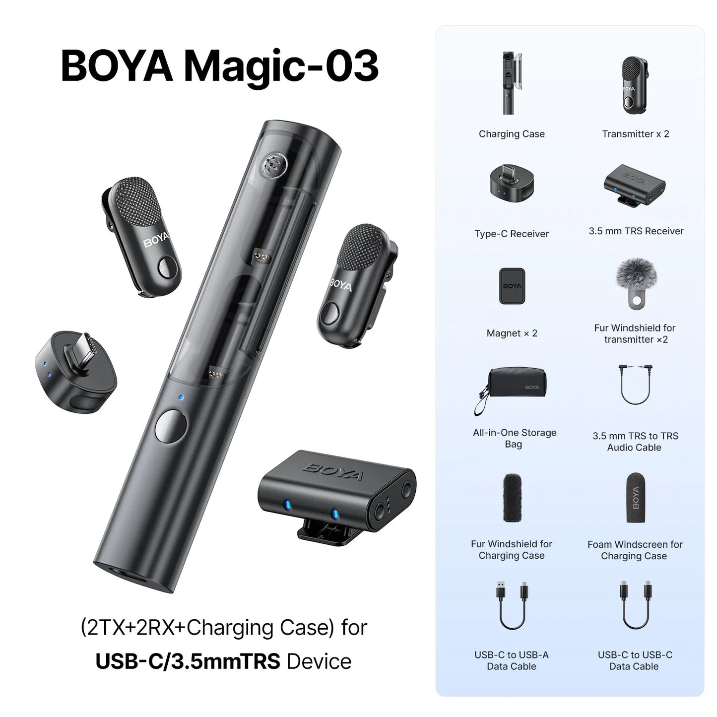 BOYA Magic-03 wireless microphone system with accessories on a white background