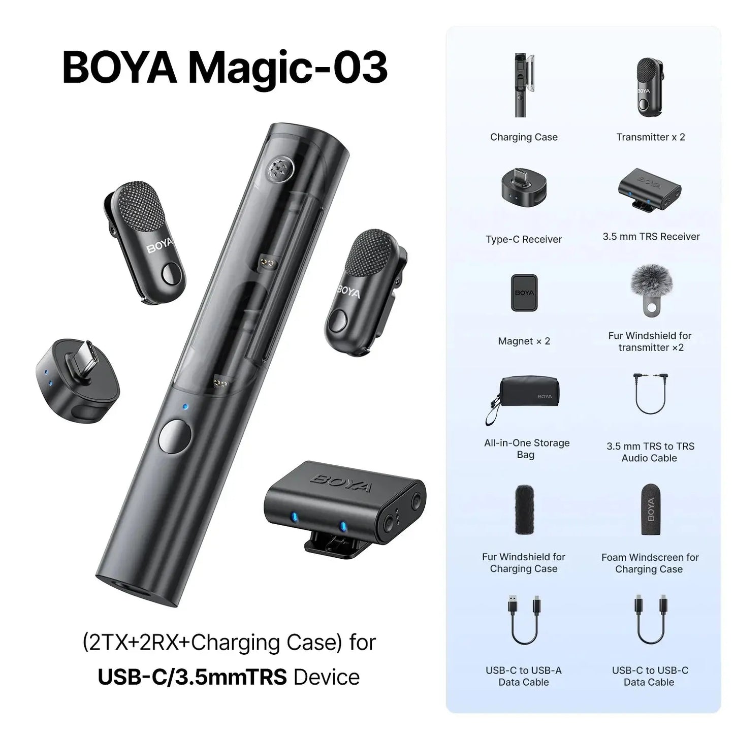 BOYA Magic-03 wireless microphone system with accessories on a white background