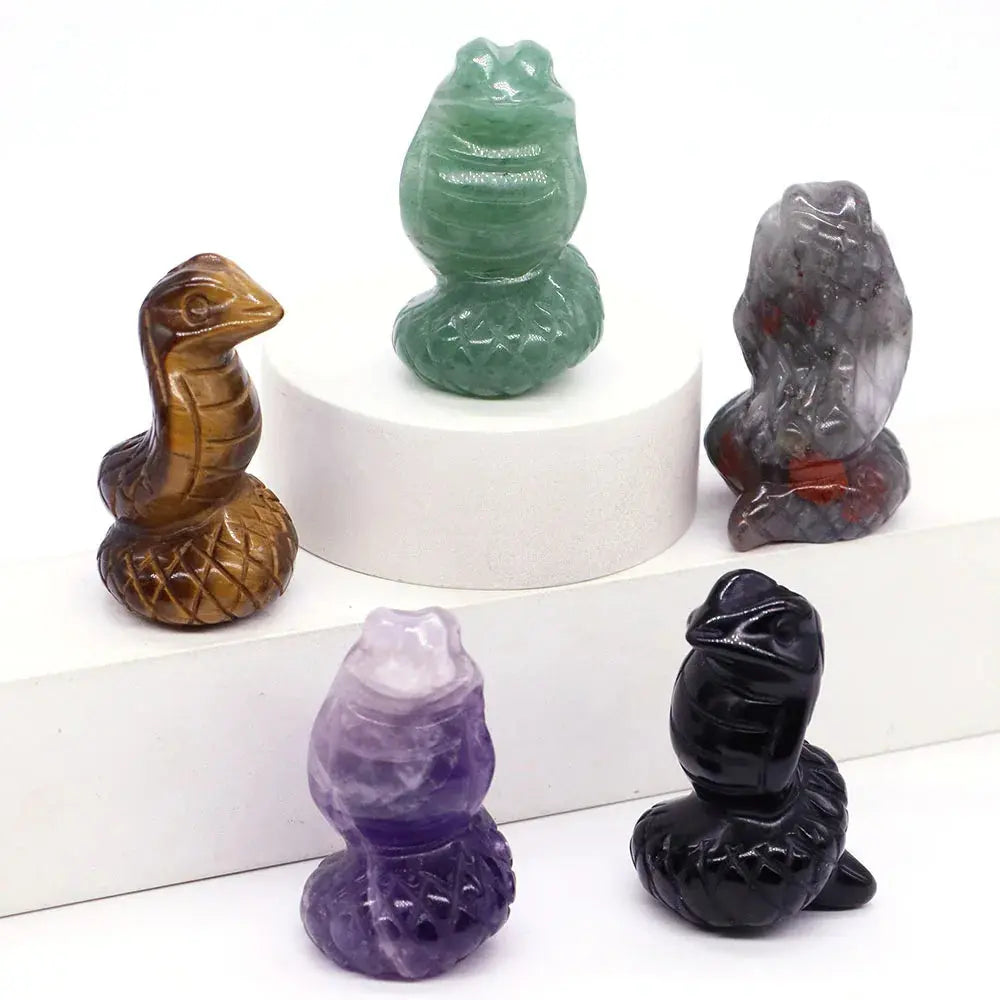 1.5" Crystal Snake Figurine Natural Stone Cobra Statue Hand Carved Gemstone Animal Sculpture Ornament Pure Ember
