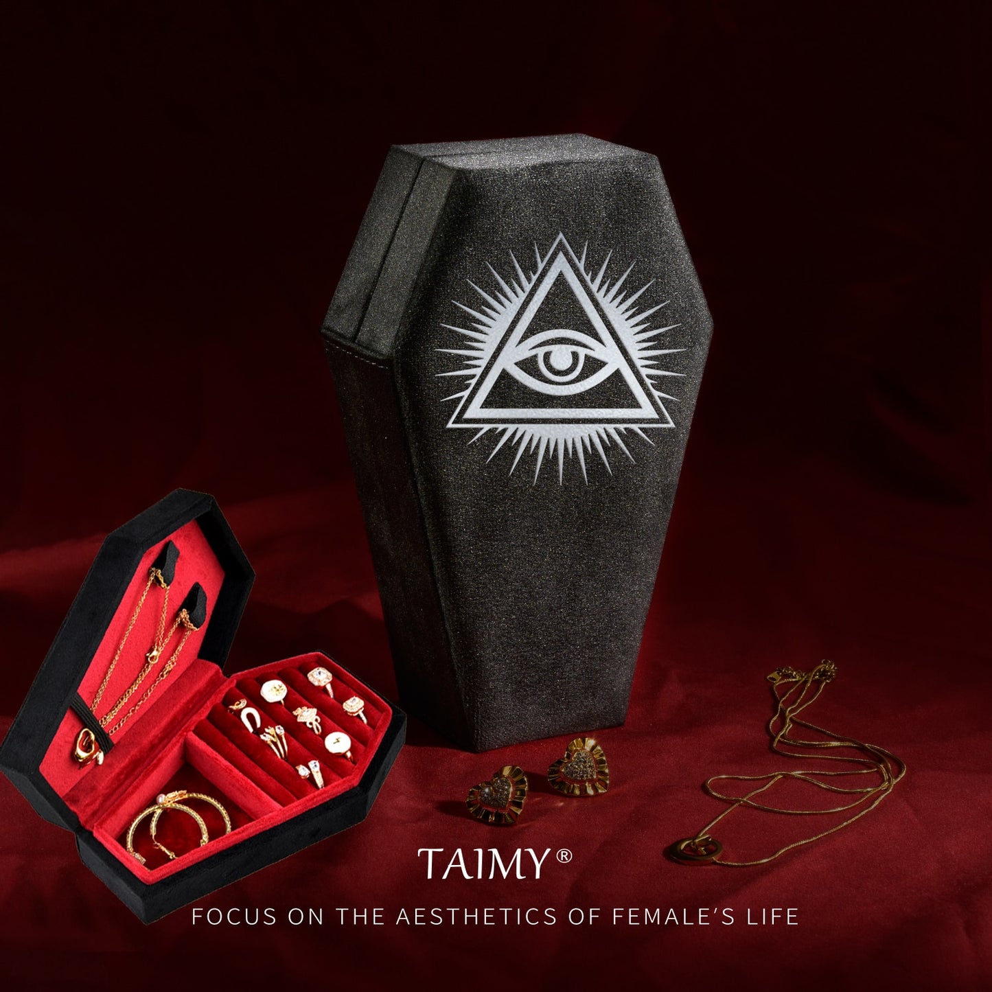 Gothic Velvet Coffin Jewelry Box silver eye of providence
