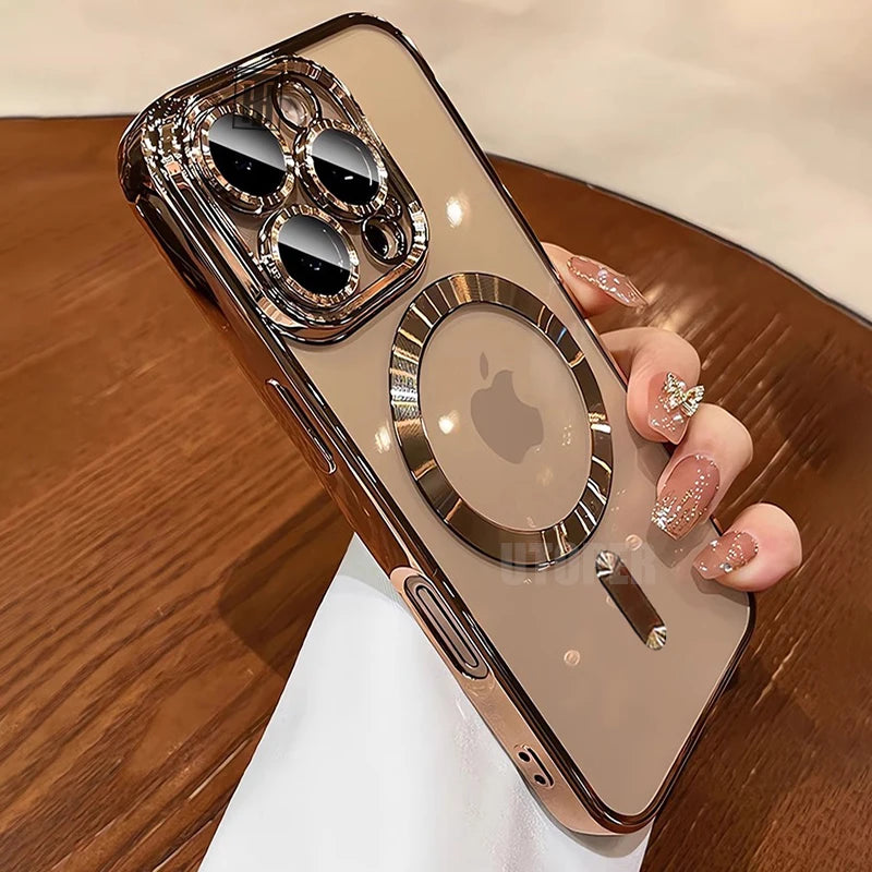 Smartphone with a decorative case held by a hand on a wooden surface