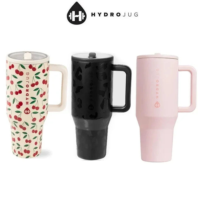 HydroJug Gobelet 40OZ Voyageur Thermos in cherry, black leopard, and pink colors, ideal for stylish and functional hydration.