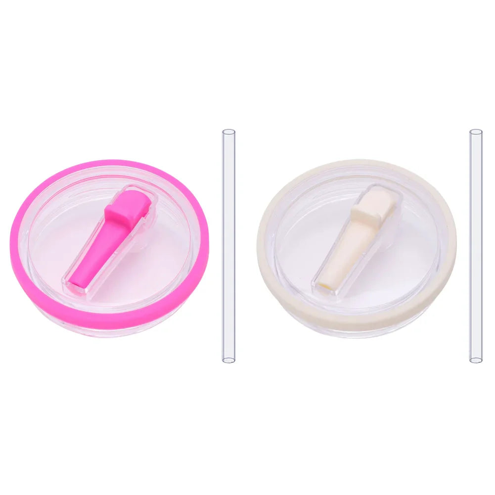 Pink and beige flip straw lids with straws, reusable 40 oz tumbler lid replacements compatible with Stanley Quencher