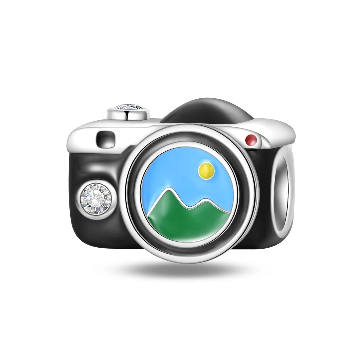 Camera-shaped charm with a scenic design on a white pandora style charm pendant background