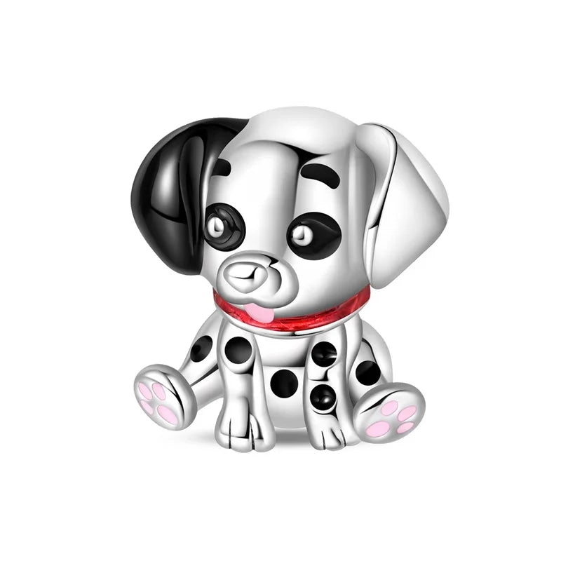 Silver dog charm with black spots and a red collar on a white background. pandora style charm pendant. dalmatian.