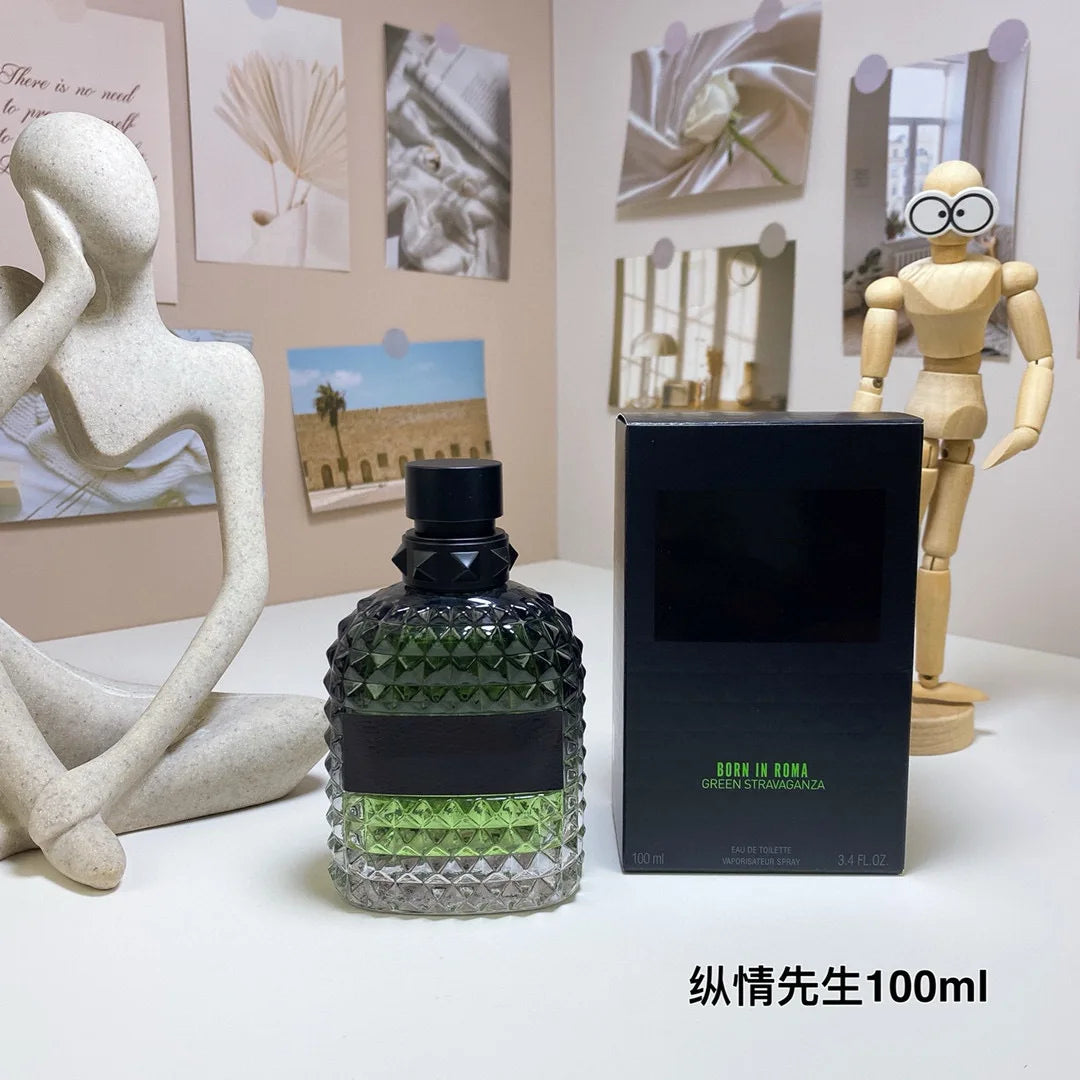 Valentino Perfume bottle and packaging on a table with decorative items in the background