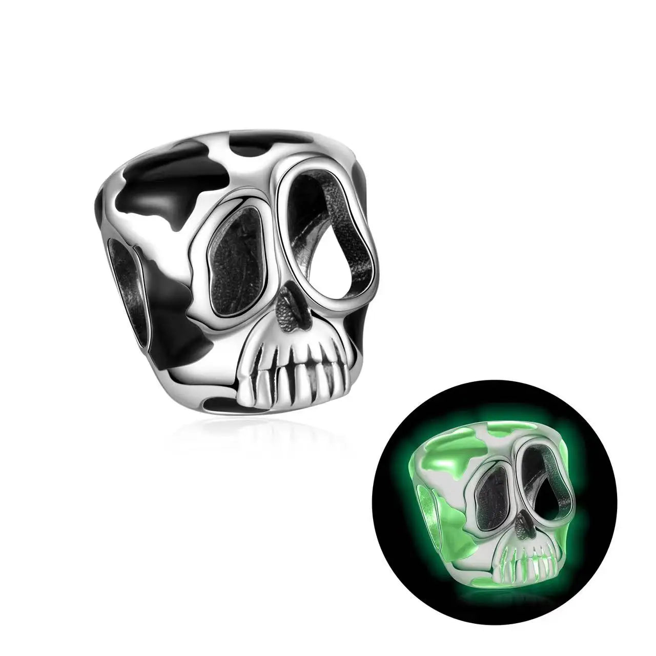 Silver skull charm with a green glow-in-the-dark feature on a white background pandora style charm pendant gothic goth style halloween