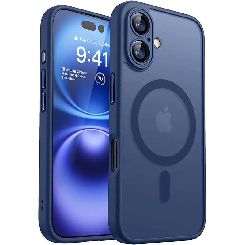 Blue phone case with Apple logo on a white background