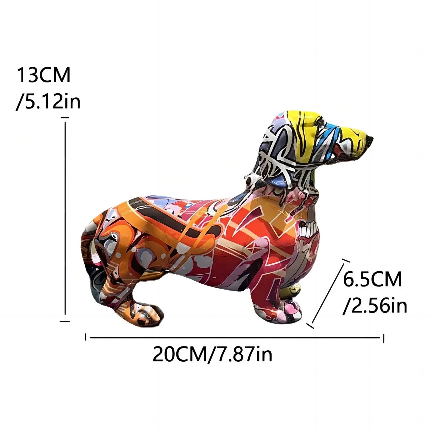 Colorful dachshund-shaped balloon with measurements on a white background dashhound
